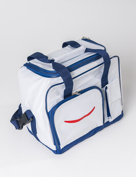 Бело-синяя сумка с логотипом